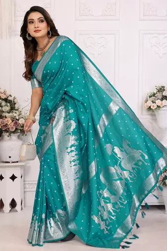 Sky blue color bandhej weaving kochi blended silk blend saree with blouse