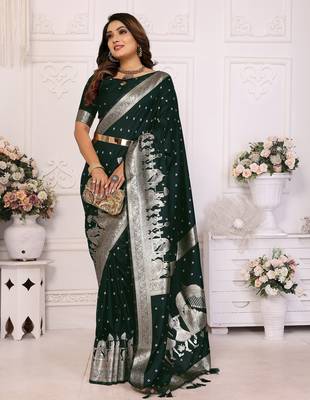 Green color bandhej weaving kochi blended silk blend saree with blouse 1