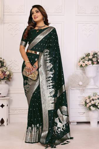 Green color bandhej weaving kochi blended silk saree with blouse