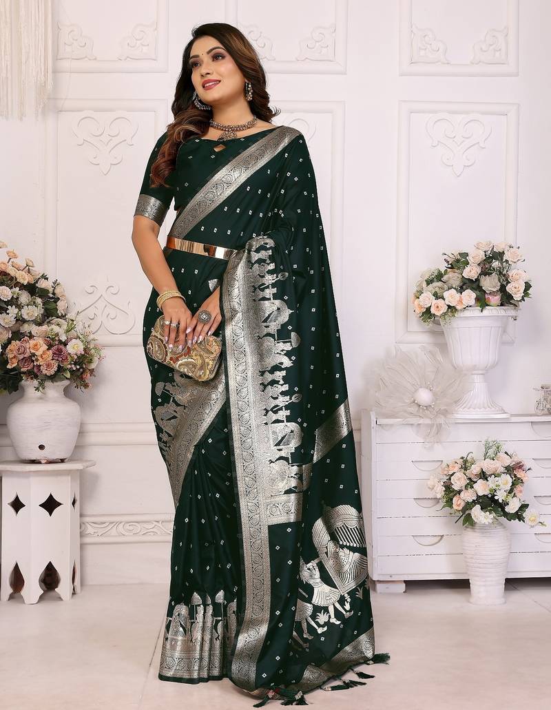 Green color bandhej weaving kochi blended silk saree with blouse