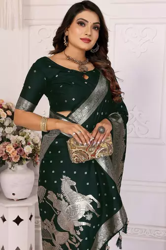 Green color bandhej weaving kochi blended silk blend saree with blouse