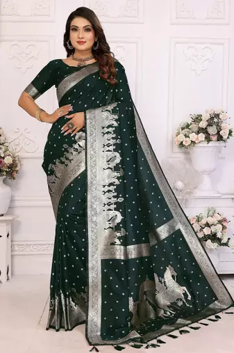 Green color bandhej weaving kochi blended silk blend saree with blouse
