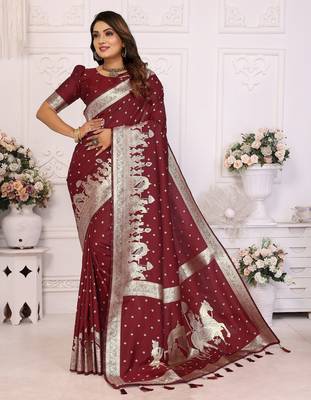 Maroon color bandhej weaving kochi blended silk blend saree with blouse 1