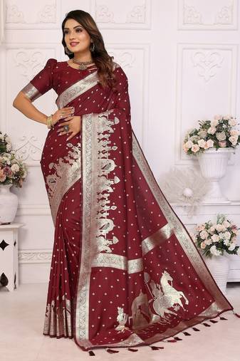 Maroon color bandhej weaving kochi blended silk saree with blouse