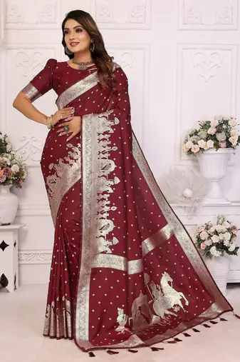 Maroon color bandhej weaving kochi blended silk saree with blouse
