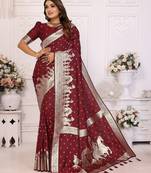 Maroon color bandhej weaving kochi blended silk saree with blouse