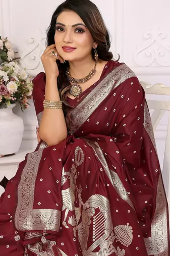 Maroon color bandhej weaving kochi blended silk blend saree with blouse
