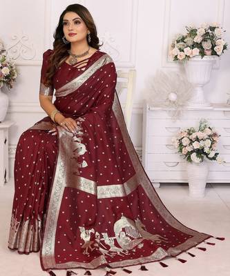Maroon color bandhej weaving kochi blended silk blend saree with blouse 4