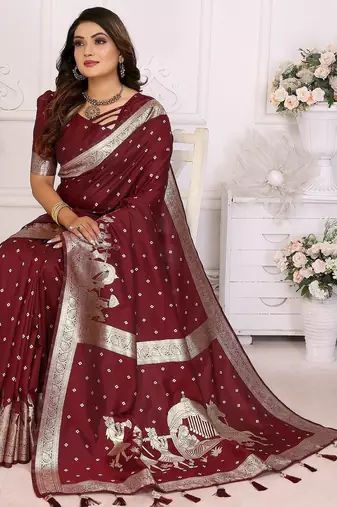 Maroon color bandhej weaving kochi blended silk blend saree with blouse