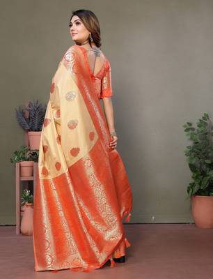 Orange color viscose Blended silk blend weaving butties saree with blouse 2