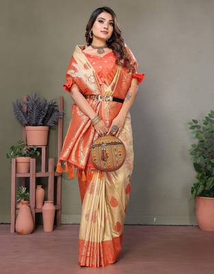 Orange color viscose Blended silk blend weaving butties saree with blouse 3