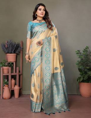 Sky blue viscose blended silk blend weaving butties saree with blouse 1