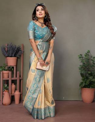 Sky blue viscose blended silk blend weaving butties saree with blouse 3