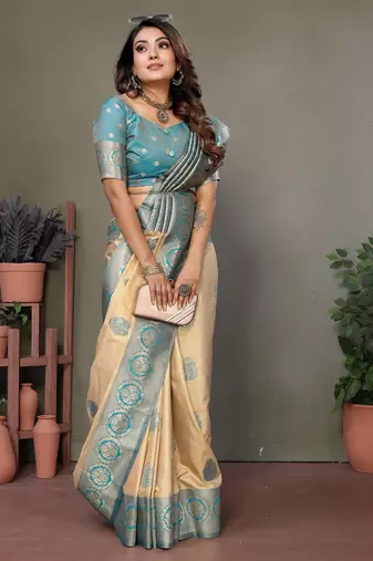 Sky blue viscose blended silk blend weaving butties saree with blouse