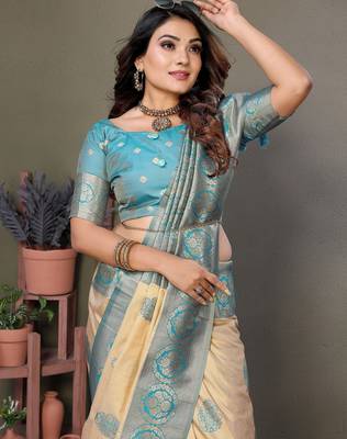 Sky blue viscose blended silk blend weaving butties saree with blouse 4