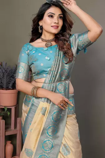 Sky blue viscose blended silk blend weaving butties saree with blouse