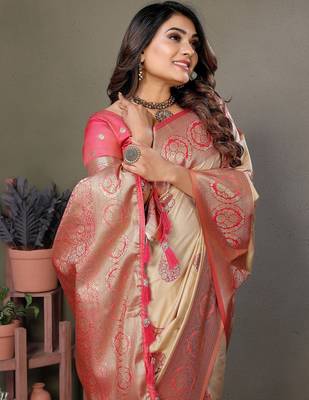 Pink color viscose Blended silk blend weaving butties saree with blouse 2