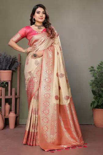 Pink color viscose Blended silk blend weaving butties saree with blouse