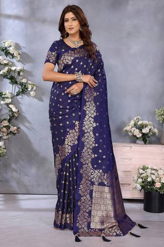Navy color gala weaving Blended silk saree with blouse