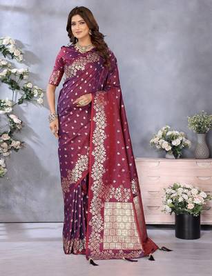 Wine color gala weaving blended silk blend saree with blouse 1