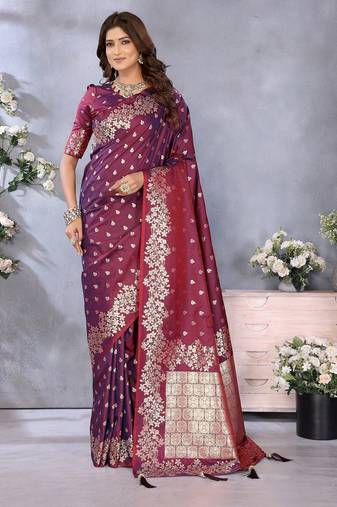 Wine color gala weaving blended silk saree with blouse