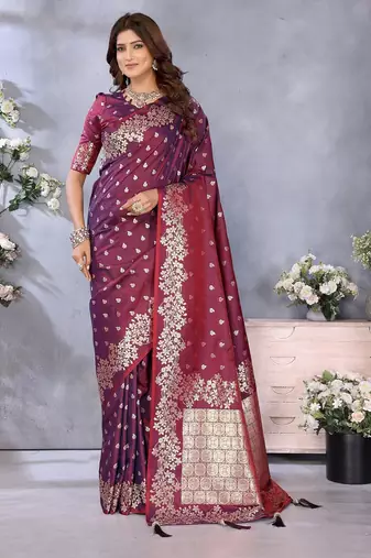 Wine color gala weaving blended silk saree with blouse