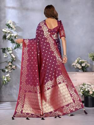 Wine color gala weaving blended silk blend saree with blouse 2