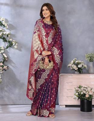 Wine color gala weaving blended silk blend saree with blouse 3