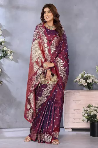 Wine color gala weaving blended silk blend saree with blouse