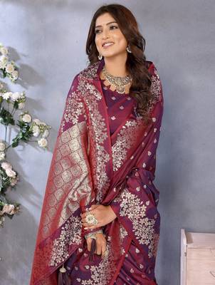 Wine color gala weaving blended silk blend saree with blouse 4