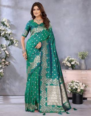 Sea green color gala weaving Blended silk blend saree with blouse 1