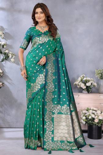 Sea green color gala weaving Blended silk saree with blouse