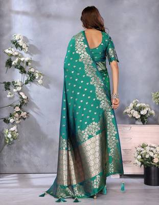 Sea green color gala weaving Blended silk blend saree with blouse 2