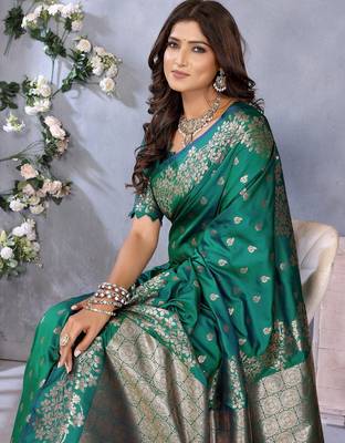 Sea green color gala weaving Blended silk blend saree with blouse 3