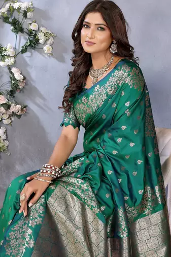 Sea green color gala weaving Blended silk blend saree with blouse
