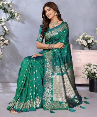 Sea green color gala weaving Blended silk blend saree with blouse 4
