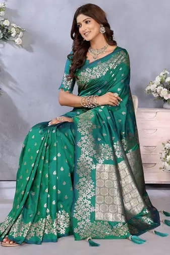 Sea green color gala weaving Blended silk blend saree with blouse