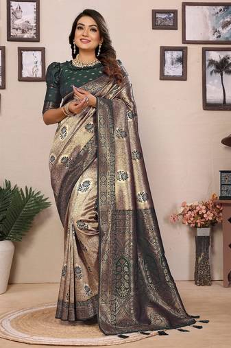 Green color zari weaving handloom Blended silk saree with blouse