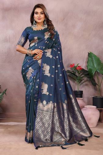 Blue color gala weaving Blended silk saree with blouse