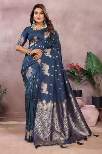 Blue color gala weaving Blended silk saree with blouse