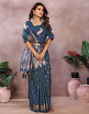 Blue color gala weaving Blended silk blend saree with blouse 2