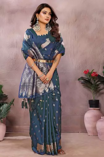 Blue color gala weaving Blended silk blend saree with blouse