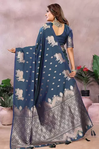Blue color gala weaving Blended silk blend saree with blouse