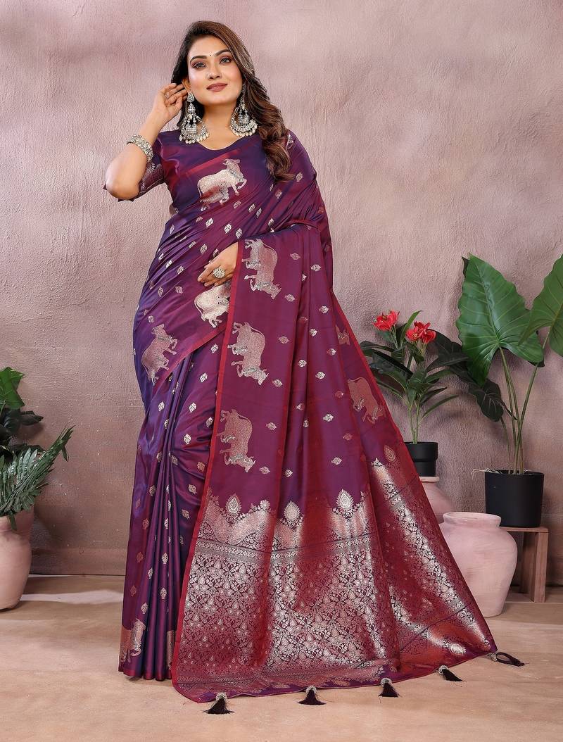 Wine color gala weaving Blended silk saree with blouse