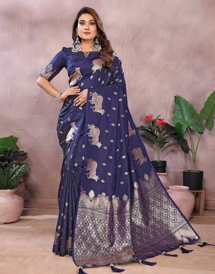 Navy color gala weaving blended silk blend saree with blouse 1