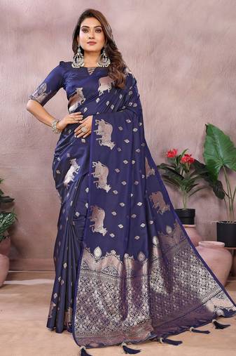 Navy color gala weaving blended silk saree with blouse