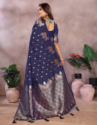 Navy color gala weaving blended silk blend saree with blouse 2