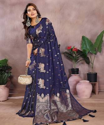 Navy color gala weaving blended silk blend saree with blouse 3