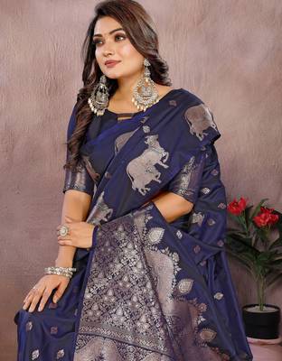 Navy color gala weaving blended silk blend saree with blouse 4