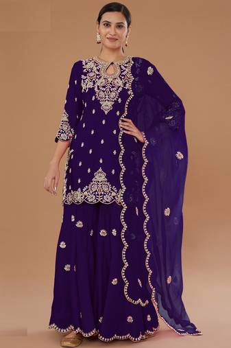 Blue embroidered vichitra semi-stitched palazzo style salwar suit